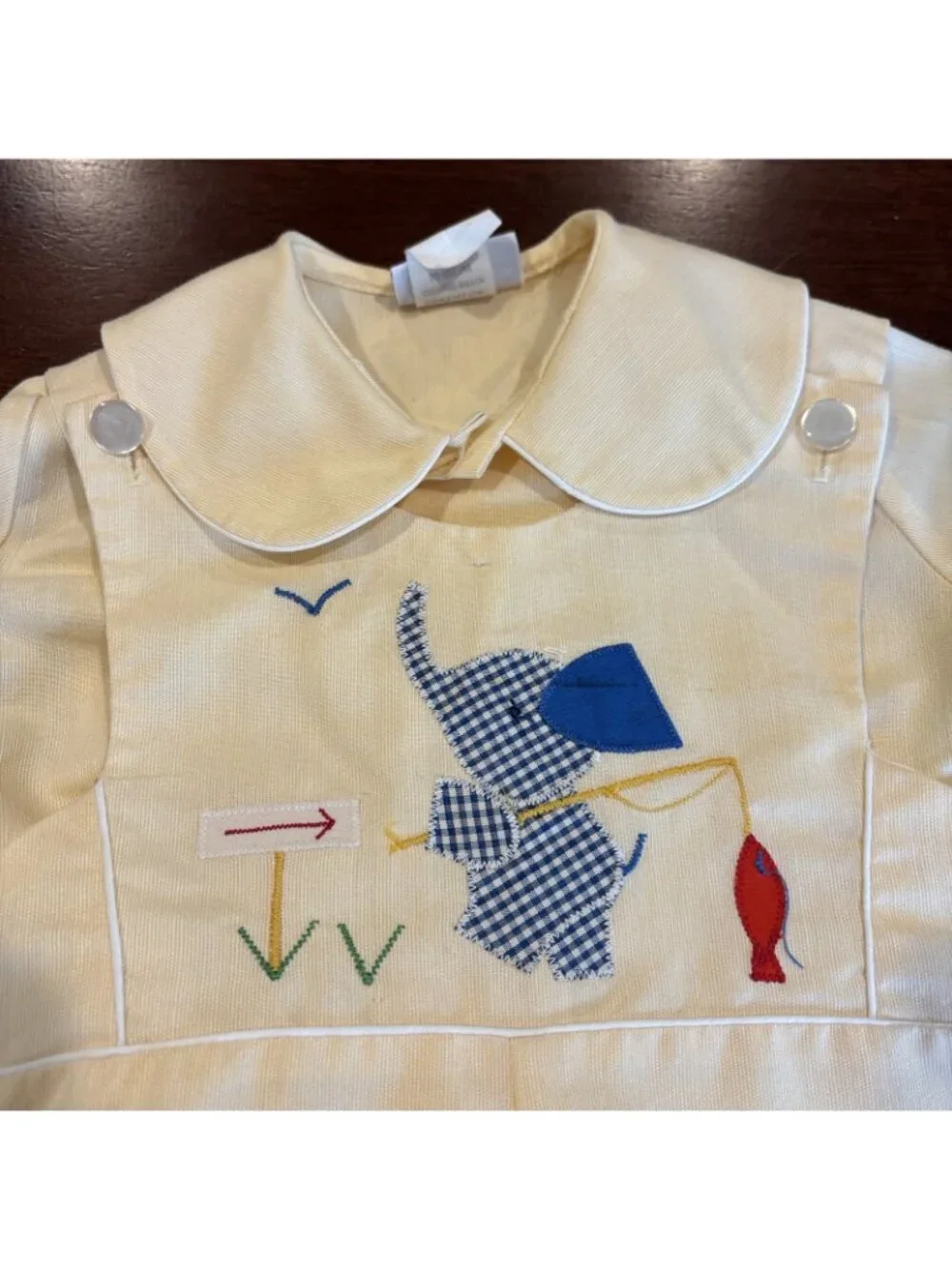 Vintage Baby Boys Jayne Copeland 2-pc Romper Pale Yellow Elephant Fishing 4 T
